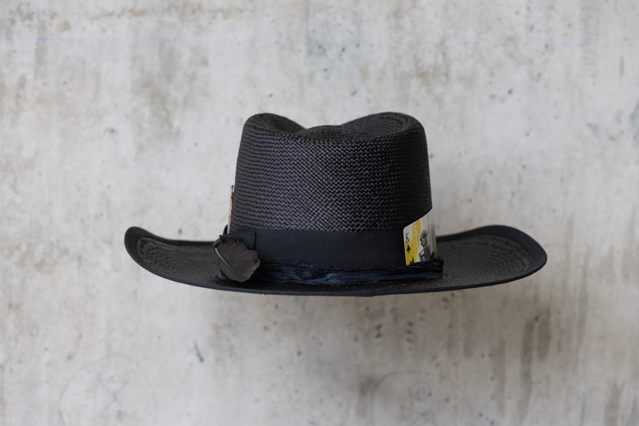 A black straw cowboy hat with a teardrop crown and black band back side