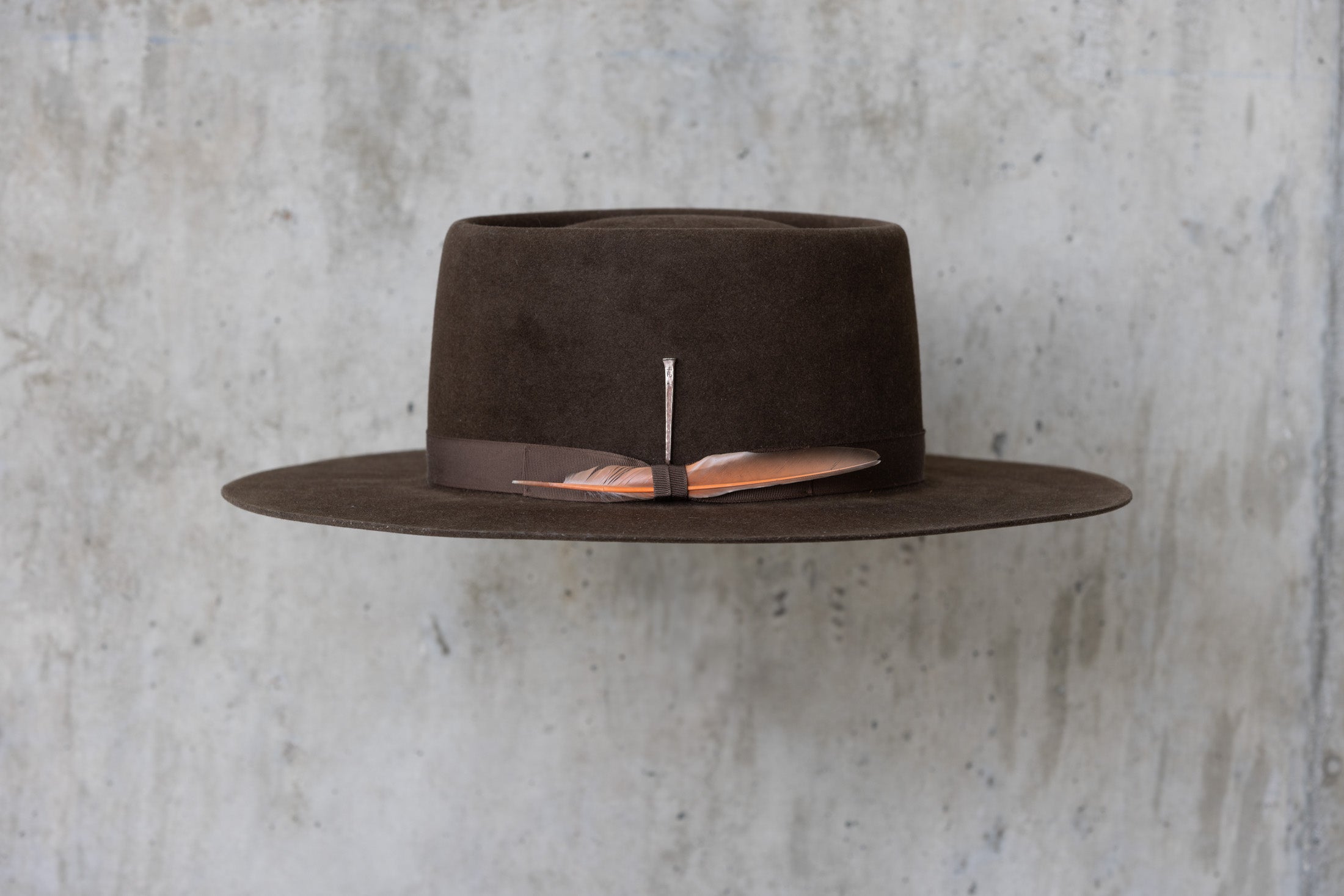 A dark brown felt Western cowboy hat with a telescope crown and a flat brim and feather for men and women left