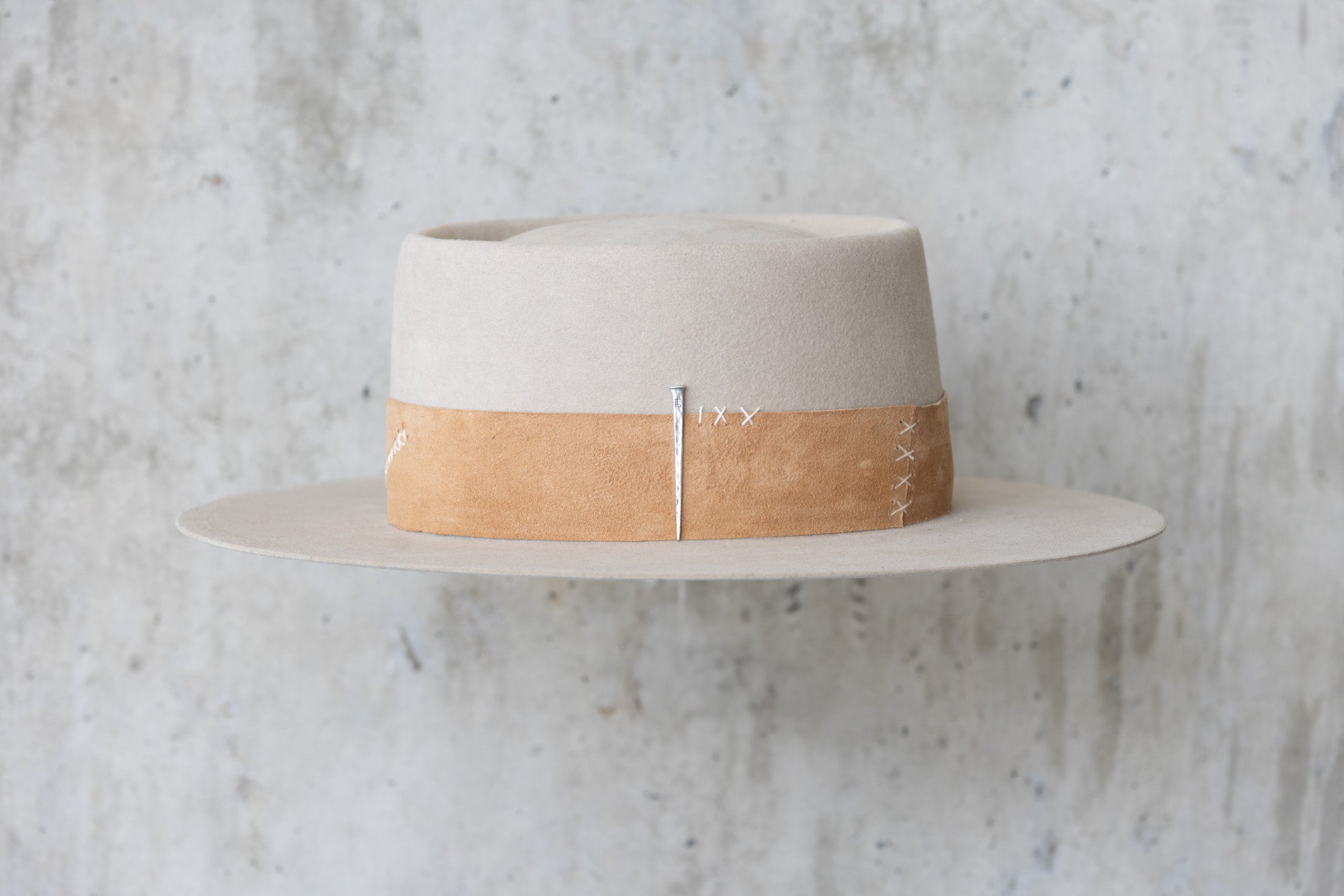 Beige Beaver Felt Hat with brown leather band left side