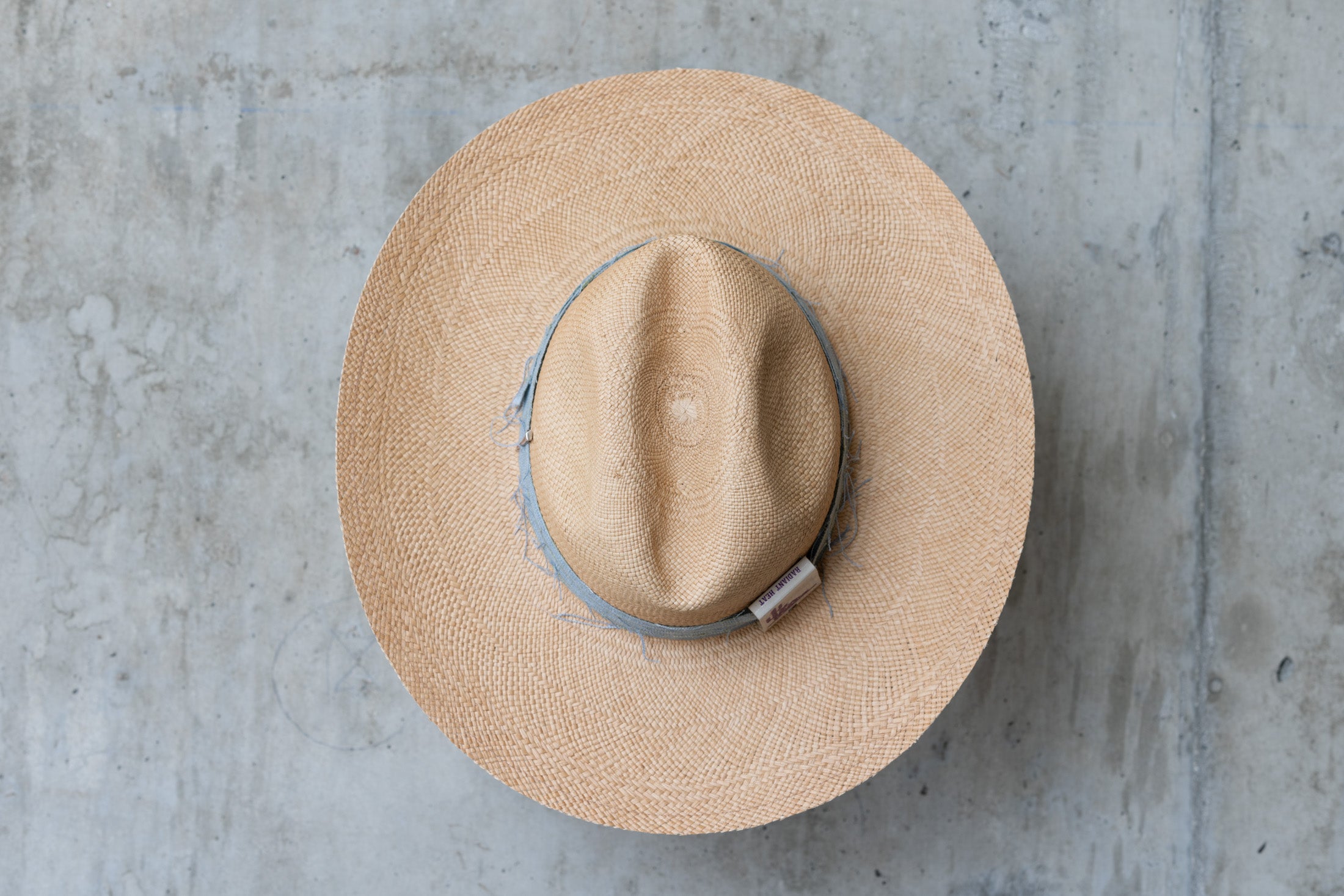 Beige straw cowboy hat with light blue band top