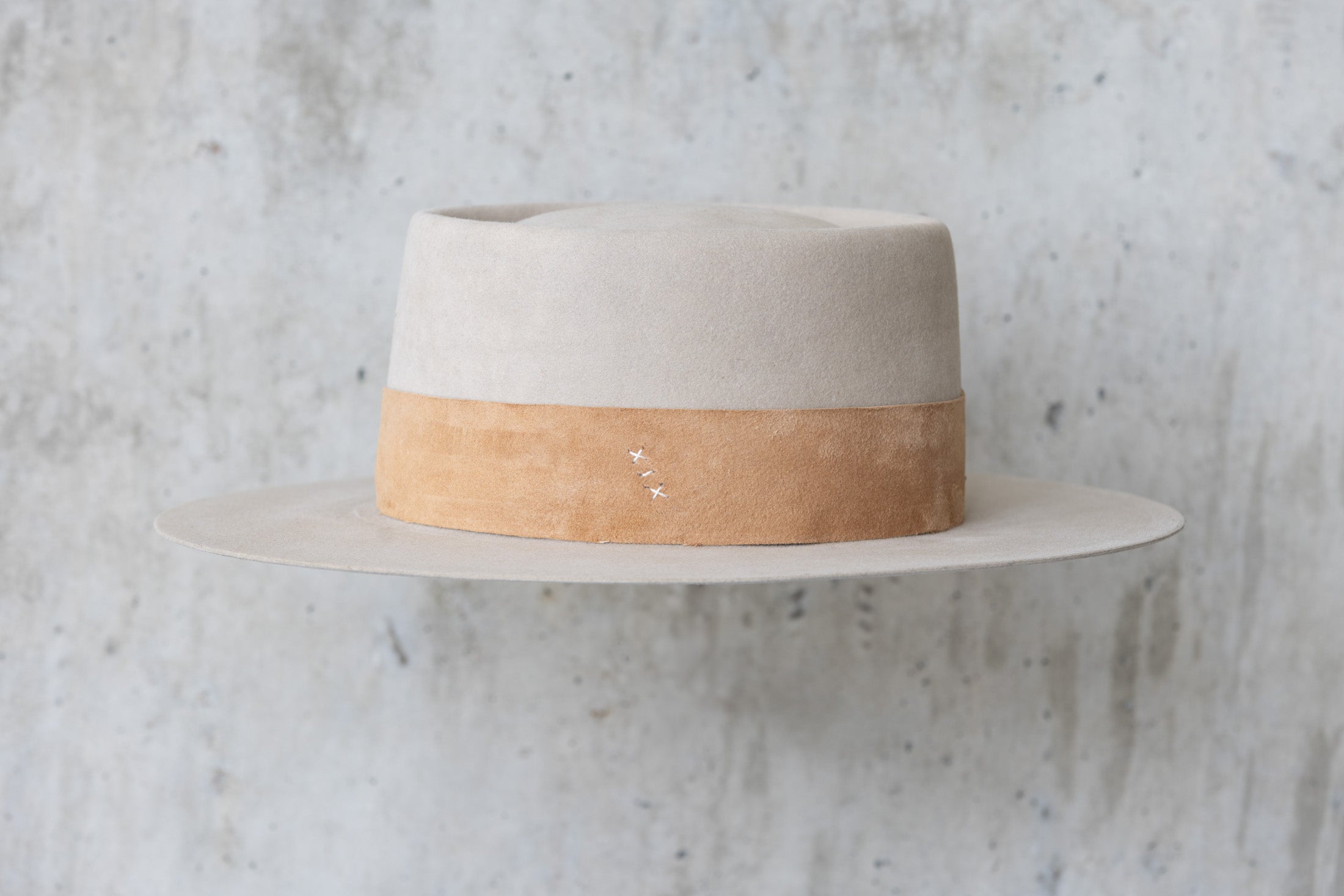 Beige Beaver Felt Hat with brown leather band  Right Side